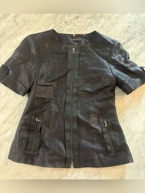 Elie Tahari Black Shimmer Short-Sleeve Zip Front Jacket